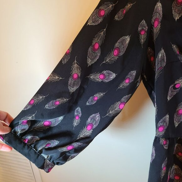 Vtg F21 Y2K Peplum Ruffle V-Neck Top Women's L Peacock Feather Black Peasant - Picture 6 of 13